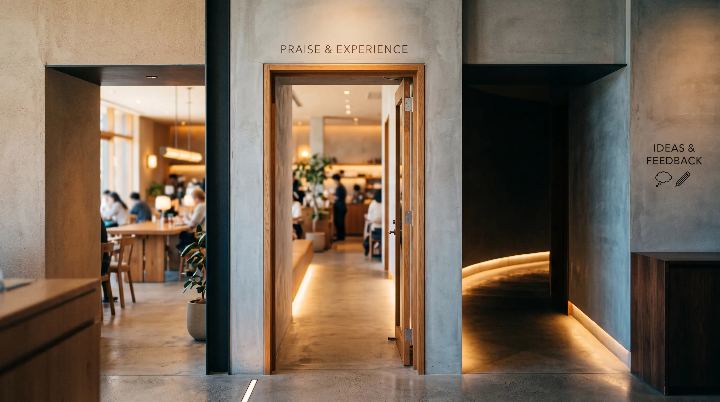 Interno minimalista di un bar con un bivio — una porta aperta e un corridoio laterale che simboleggiano due percorsi di feedback distinti