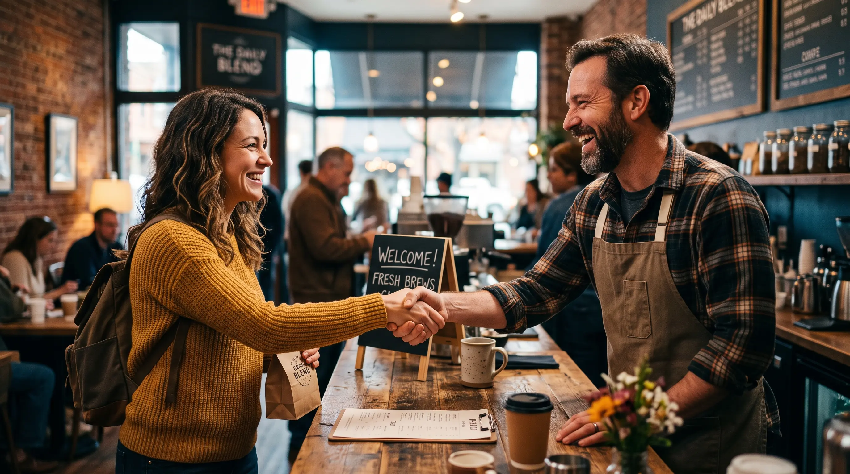 Cliente soddisfatto stringe calorosamente la mano al titolare sorridente al bancone