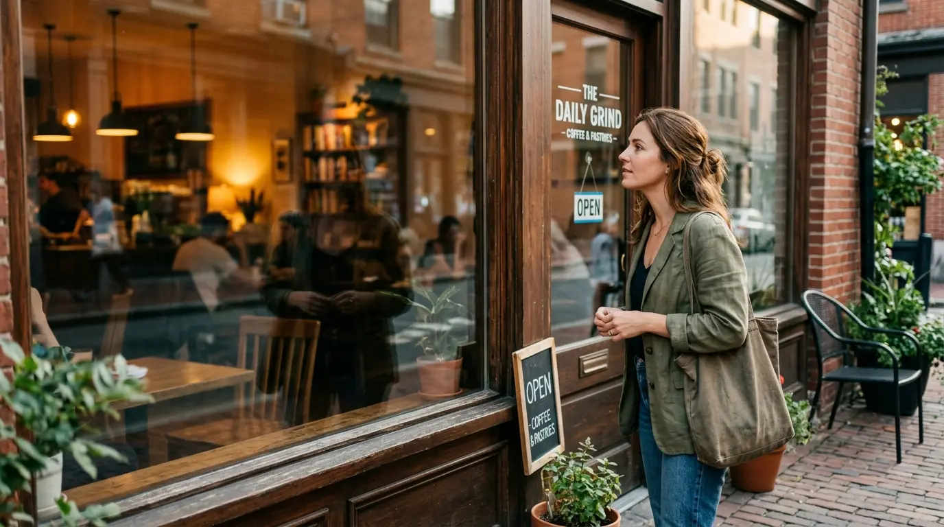 Un potenziale cliente osserva con curiosità l'accogliente interno di un bar attraverso la vetrina, prima di decidere se entrare