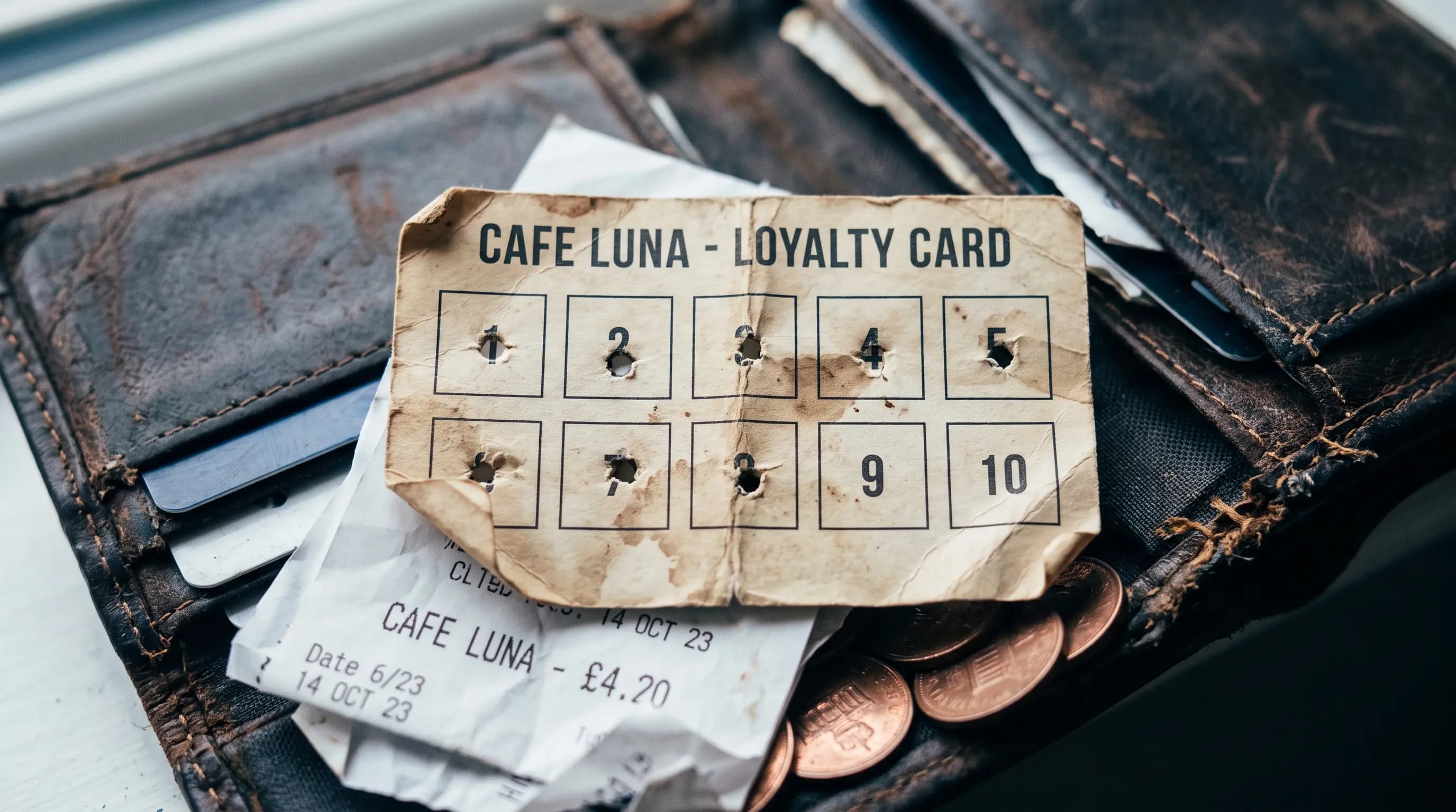 A worn, faded paper loyalty punch card crumpled at the bottom of a wallet among receipts