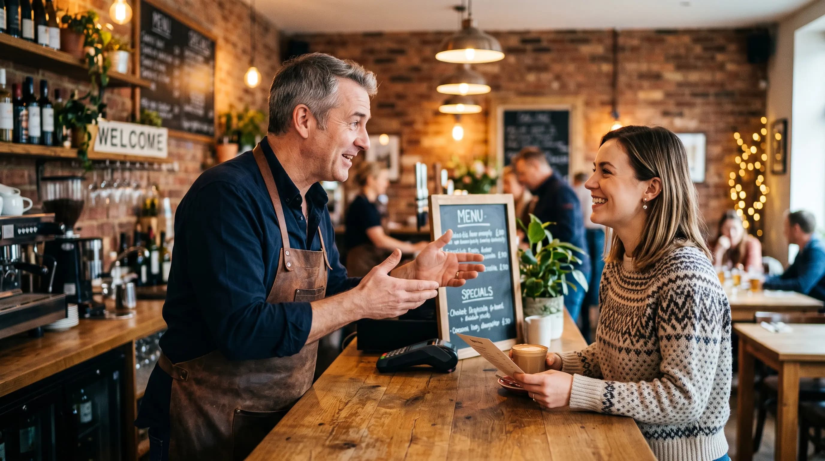 Restaurant owner enthusiastically explaining something to a smiling first customer at the counter