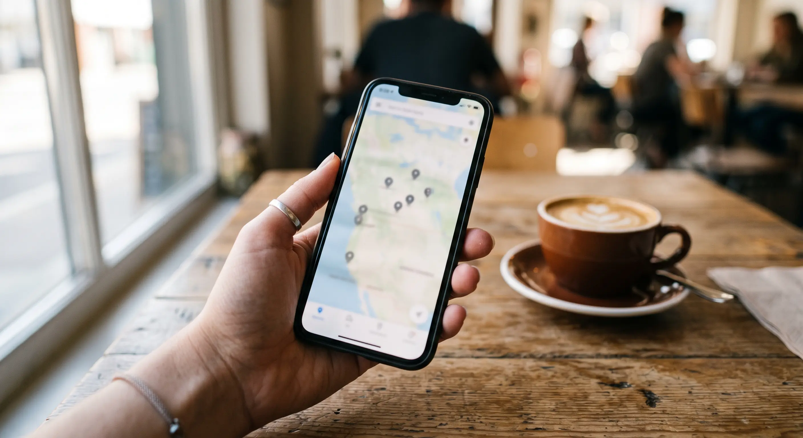 Smartphone-Bildschirm mit Google Maps-Ergebnissen, die drei Unternehmen im Local Pack mit Sternebewertungen und Adressen zeigen